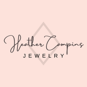Logo for Heather Campins Jewelry features a soft pink background with a diamond shape and the name of the company in script across the diamond